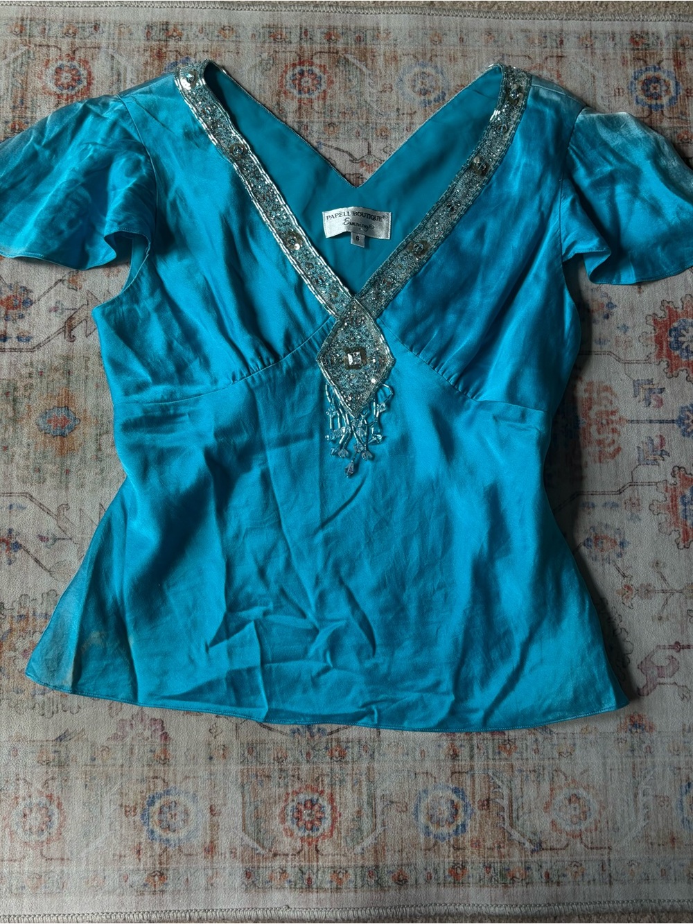 Papell Boutique Turquoise Embellished V-Neck Blouse